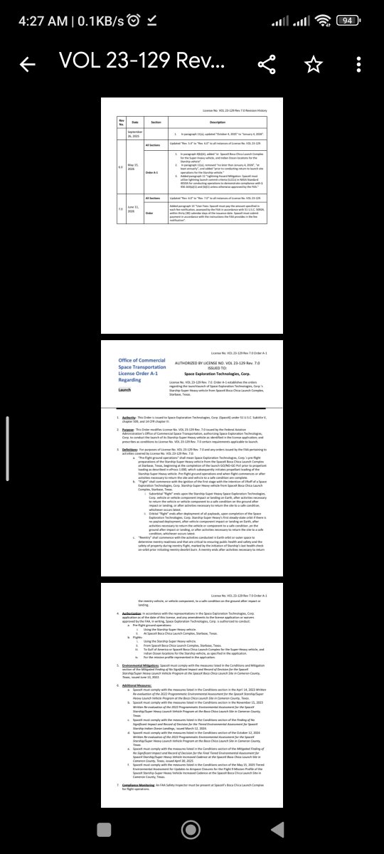 SpacesFuture's tweet photo. Starship Flight 13 #ITF13
License Vol 23-129 issued on 2023.4.14 with Rev 7.0 2026.6.11
#PDF
__
^https://t.co/XIjYMo4jGp
^🔠 https://t.co/DCXrKFU0gO