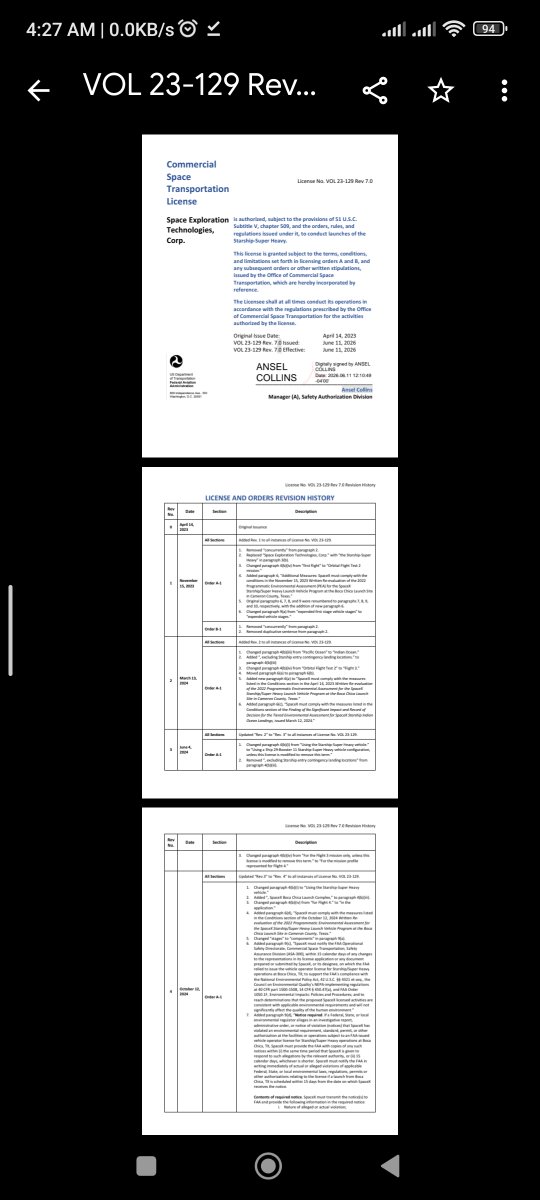 SpacesFuture's tweet photo. Starship Flight 13 #ITF13
License Vol 23-129 issued on 2023.4.14 with Rev 7.0 2026.6.11
#PDF
__
^https://t.co/XIjYMo4jGp
^🔠 https://t.co/DCXrKFU0gO
