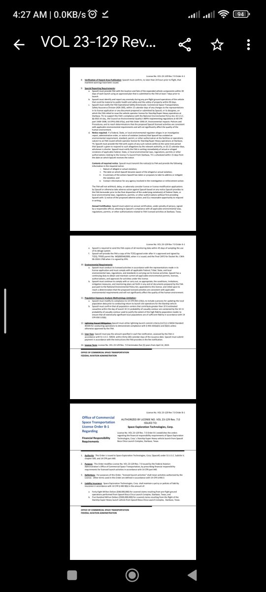 SpacesFuture's tweet photo. Starship Flight 13 #ITF13
License Vol 23-129 issued on 2023.4.14 with Rev 7.0 2026.6.11
#PDF
__
^https://t.co/XIjYMo4jGp
^🔠 https://t.co/DCXrKFU0gO