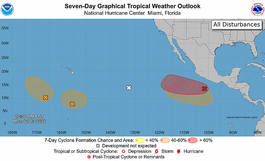 JTAnimates2026's tweet photo. #90C; 20/50- A depression could form over the next few days.
#91C; 50/50- A depression could form over the next few days.
#96E; 70/90- A depression is likely to form by mid-week.
EPAC AOI 2; 0/0- Not forming.
EPAC AOI 3; 0/60- A depression could form late this week.
#wxtwitter https://t.co/GyAha9AwbT