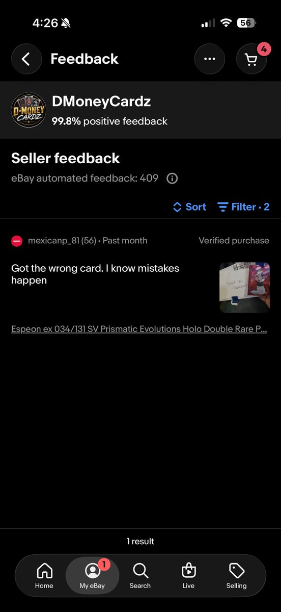 DMoneyCardz's tweet photo. Got my first negative feedback today on eBay. Kinda stings a bit because mistakes happen, and guy got a full refund. I think leaving negative feedback without talking to the person is a little unfair. Maybe that’s just me. @CardPurchaser https://t.co/NLSnRaf79p