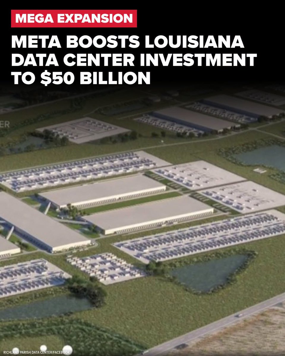 WWLTV's tweet photo. One of Louisiana's poorest communities is being transformed by Meta's $50 billion data center expansion. 

Gov. Jeff Landry said, “We're building a foundation for the next generation of American prosperity.” https://t.co/3vaJGVyg99 https://t.co/f2zDtHyr9J