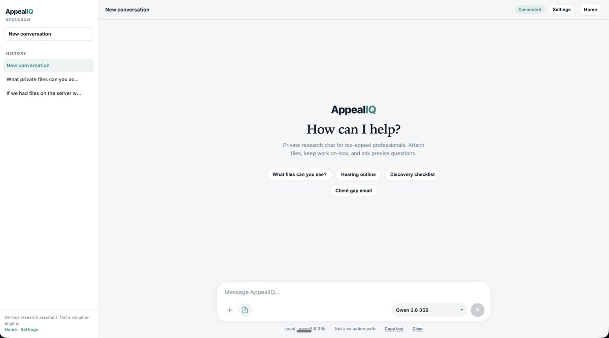 johnciannello's tweet photo. Appeal IQ (my product) now has a chat agent built into the software - here's why that's a big deal.

From within the app, on your own computer running a local, competent LLM like Qwen 3.6 35B, you can let AI read all of your files and even sensitive data without ever worrying about it hitting the cloud.

Companies are fearful of using cloud models because of the data risks, and honestly, it's totally warranted.

How can I use AI without forking over my IP?

For CRE property tax, the answer is Appeal IQ.

Fast & Secure AI tax appeal research, and your data never leaves your desk.

For the community on X, this isn't surprising, but so many people have no idea this is possible.

I am stoked.
