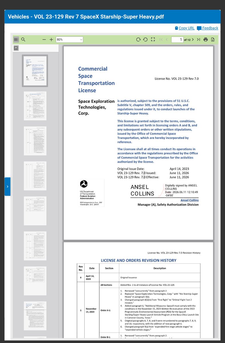 SpacesFuture's tweet photo. ↑ Regulatory NewS
Starship Flight 13 #ITF13
License Vol 23-129 Rev 7.0 2026.6.11 "
SpaceX Starship Reentry Contingency Operations #DTEA '
'https://t.co/5zm7P6FE9i
"https://t.co/CmjGs3VjJN
"'https://t.co/AKBH1RtGDF
""https://t.co/nPH7FVU1bS
""'https://t.co/gZx5HPwqPL
""'⬜""⬜ https://t.co/jj7vbp6Hks