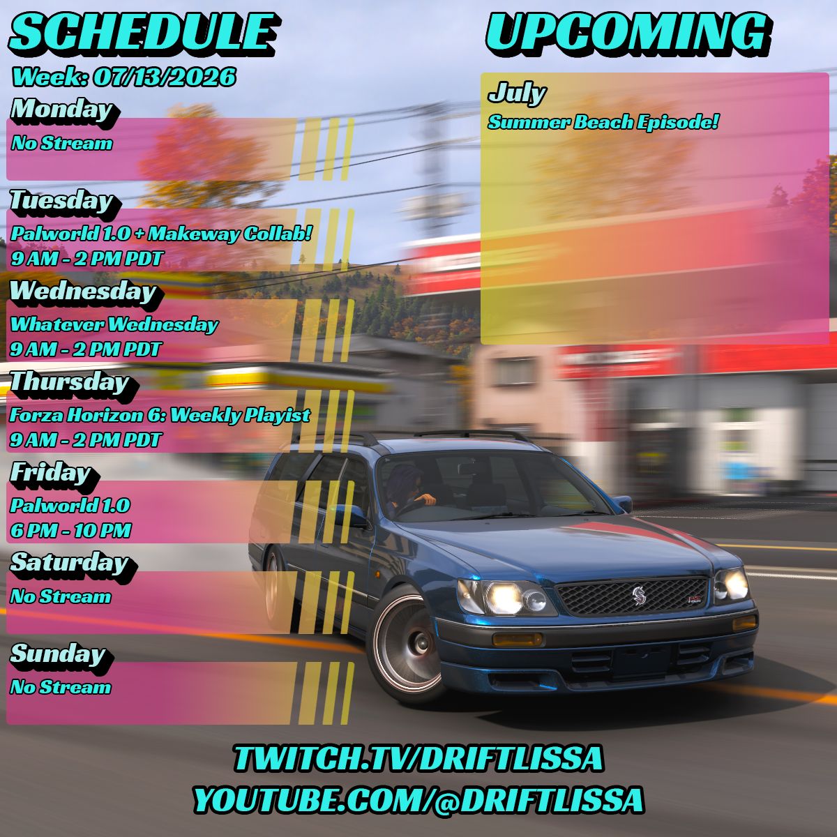 DriftLissa's tweet photo. This week's schedule! Adding Palworld into the mix for a bit while we explore new content and play with other streamers! See you on Tuesday! https://t.co/LAMDCqkdO6