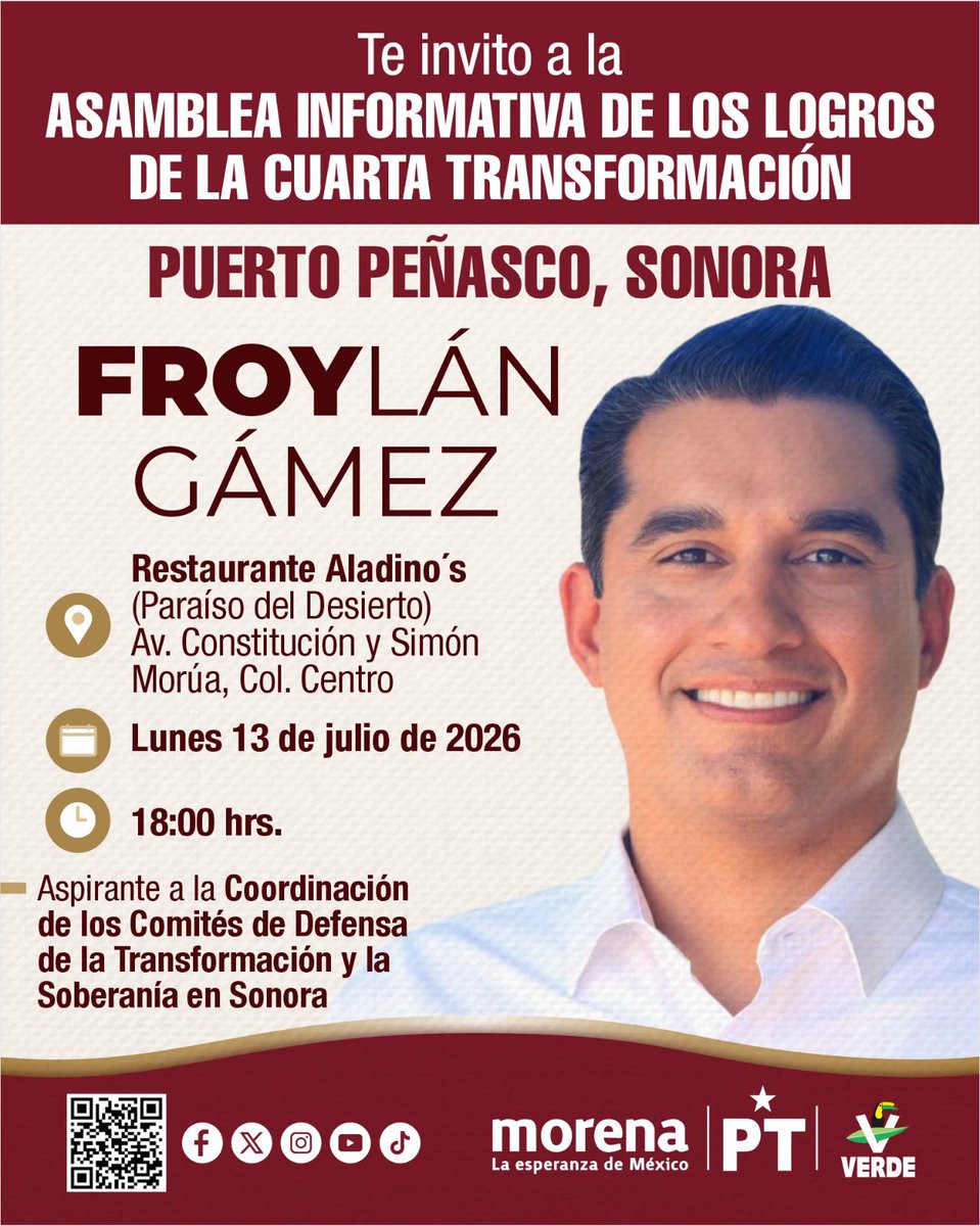 FroylanGamezG's tweet photo. ¡Puerto Peñasco, nos vemos este lunes! 🤝

Te invito a nuestra Asamblea Informativa de los Logros de la Cuarta Transformación. 

¡Te espero para que conversemos y sigamos escuchando las voces de #Sonora!

#CuentenConmigo https://t.co/fwTaTvt4Hn