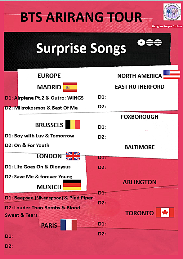 archive_purple's tweet photo. Munich is a wrap!!!! Congrats you are the chosen ones and got Louder Than Bombs!!!! Well done everyone, you were loud and showed the boys so much love. 
Munich had some stellar surprise songs with 
D1: Baepsae and Pied Piper
D2: Louder than Bombs and Blood, Sweat & Tears

The next stop is the last stop for the European leg with 2 sold out nights at Stade de France in Paris on 
07/17 –  BTS Tour ‘Arirang’, Paris, D1 8pm Paris time (07/18 3am KST)

07/18 – BTS Tour ‘Arirang’, Paris, D2 8pm Paris time (07/19 3am KST)

#방탄소년단 #BTS #BTS_WORLDTOUR_ARIRANG #BTS_WORLDTOUR_ARIRANG_EUROPE #BTS_WORLDTOUR_ARIRANG_MUNICH 
#BTS_WORLDTOUR_ARIRANG_PARIS