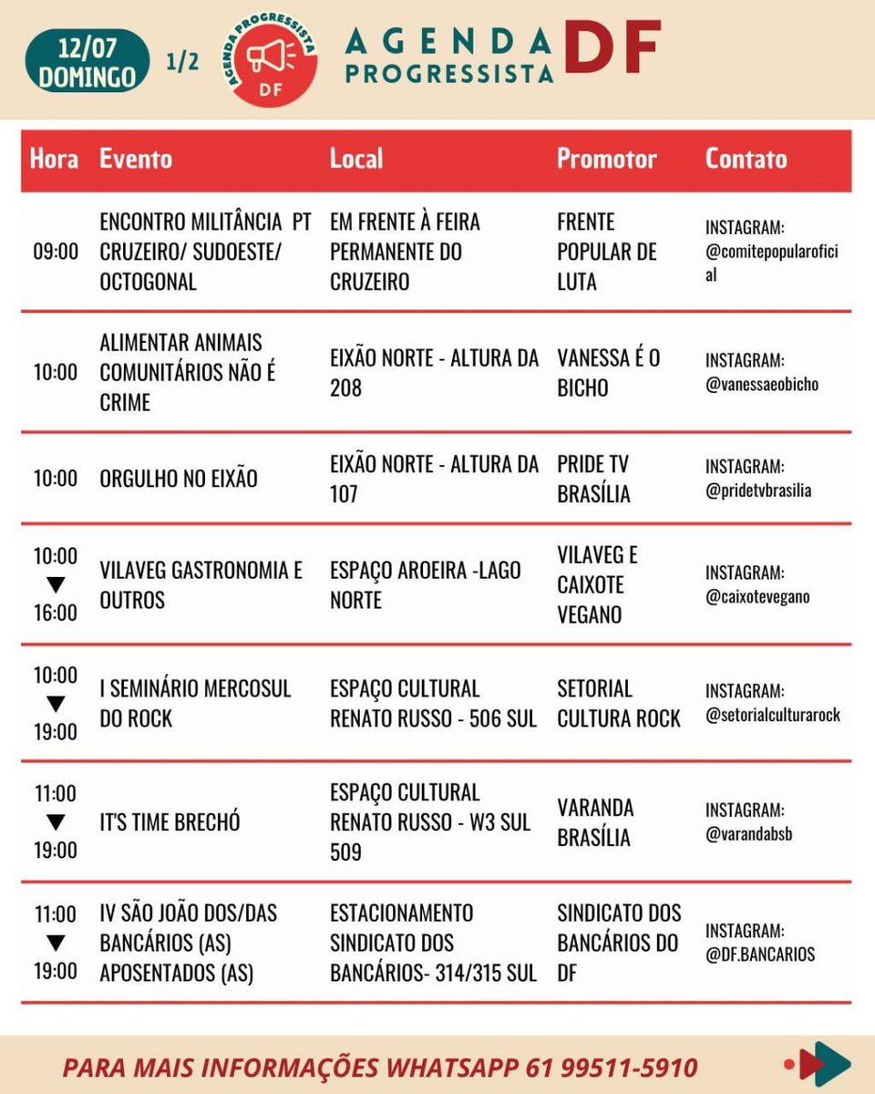 AgendaProgDF's tweet photo. 🇧🇷 AGENDA PROGRESSISTA DF 

ATUALIZAÇÃO 12 A 18/07

LUTAR E VENCER! ✊
Bora juntas/os/es! 🤝

PRÓXIMA ATUALIZAÇÃO EM 14/7/26. 🚩

ACESSE NOSSA AGENDA COMPLETA NO INSTAGRAM.

🧶

#agendaprogressistadf #tariflavio #foracelinaleão #fimda6x1já #misoginiaécrim https://t.co/bjBHAtl02E