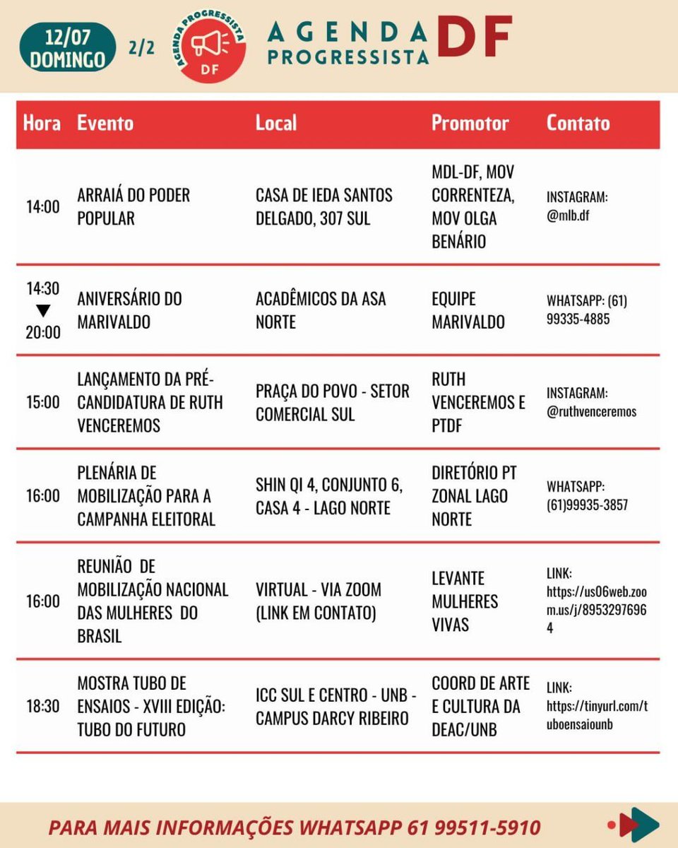 AgendaProgDF's tweet photo. 🇧🇷 AGENDA PROGRESSISTA DF 

ATUALIZAÇÃO 12 A 18/07

LUTAR E VENCER! ✊
Bora juntas/os/es! 🤝

PRÓXIMA ATUALIZAÇÃO EM 14/7/26. 🚩

ACESSE NOSSA AGENDA COMPLETA NO INSTAGRAM.

🧶

#agendaprogressistadf #tariflavio #foracelinaleão #fimda6x1já #misoginiaécrim https://t.co/bjBHAtl02E