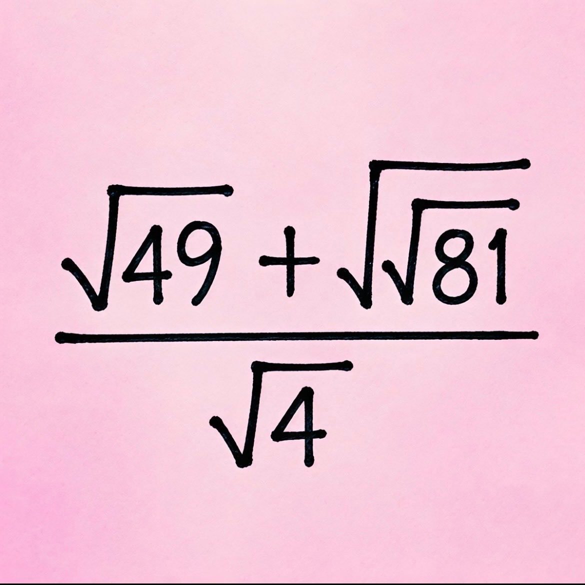 AlexanderC65646's tweet photo. @Mimiiben1 Nope! it is 5 You have to do the exponential within the exponential first so √81=9 √9=3 then √49=7 so 7+3 =10 over √4 which is 2 hence 10/2=5 https://t.co/S14tofJ0hl