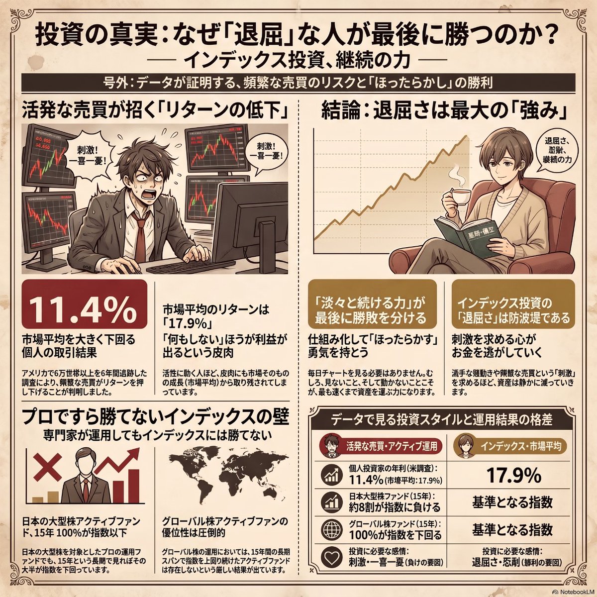 happyjamsfree's tweet photo. 正直、驚いています。頻繁に売買する人ほど、成績が悪い。そんなデータを改めて見たときのことです。

投資と聞くと、チャートに張りついて、上がった下がったで一喜一憂する。
そういう忙しないイメージを持っている人は多いと思います。
私も始める前は、こまめに売り買いして利益を積み上げるのが上手い人なんだろうと思っていました。
でも実際は逆で、動けば動くほど資産が削れていくことが、いくつもの研究でわかっています。

アメリカで6万世帯以上の取引を6年間追った有名な調査では、最も頻繁に売買していた層の年利は11.4%でした。
一方で市場平均は17.9%。よく動く人ほど、市場そのものに置いていかれていたわけです。
プロの世界でも事情は同じで、日本の大型株ファンドは15年でおよそ8割がインデックスに負け、グローバル株にいたっては15年で100%が指数を下回ったという結果も出ています。

面白くないんですよね、インデックスの積立って。
一度買ったら基本ほったらかしで、値動きを毎日見る必要もない。
むしろ、見ないほうがうまくいくことすらある。
でも、その「退屈さ」こそが、余計な売買を防いでくれる一番の防波堤なんだと気づきました。

刺激を求めるほど、たぶんお金は静かに逃げていく。
派手さはなくても、淡々と続けられる仕組みを持っている人が、最後に一番遠くまで行けるんだと思います。

プロフィール（@happyjamsfree）のリンクもよろしくお願いします。