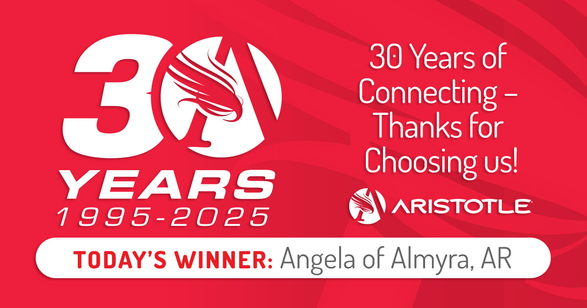 AristotleBuzz's tweet photo. Aristotle is giving away 30 exciting prizes for our 30th Anniversary! Today’s winner is Angela of Almyra, AR, who gets a free month of internet and a surprise gift. Keep watching for more winners. You could be next!

#30YearsConnecting #RuralInternet #BroadbandForAll https://t.co/TYpxxmbshj