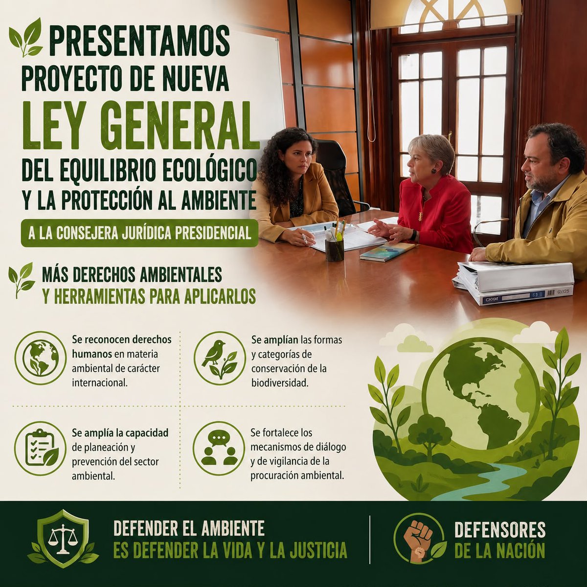 ReneSGalindo's tweet photo. Acompañé a la secretaria @aliciabarcena a presentar proyecto de nueva Ley General del Equilibrio Ecológico y la Protección al Ambiente a la consejera jurídica presidencial @LuisaAlcalde
 
Más derechos ambientales y herramientas para aplicarlos
 
Defensores de la Nación 🌱👊🏽 https://t.co/LeK1uR2FMV