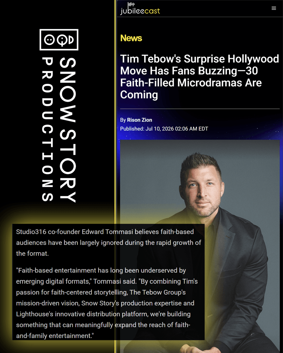 SnowStoryMedia's tweet photo. Big congratulations to Ed Tommasi and the team behind this exciting new venture with Tim Tebow! Studio316 and Lighthouse Verticals will  be bringing faith-and-family storytelling to the rapidly growing microdrama format in a bold and innovative move. Who else is looking forward to seeing what's ahead!? Thanks for covering this, https://t.co/3SxgxZbNo0!

"By combining Tim's passion for faith-centered storytelling, The Tebow Group's mission-driven vision, Snow Story's production expertise and Lighthouse's innovative distribution platform, we're building something that can meaningfully expand the reach of faith-and-family entertainment." −Ed Tommasi

Article: https://t.co/0HO6CUu4YT

@timtebow @edtommasi @snowstoryproductions @lighthouseverticals

#studio316 #lighthouseverticals #snowstory
#faithbasedmedia #faithbasedverticals #verticals #microdramas
#innovation #leadership