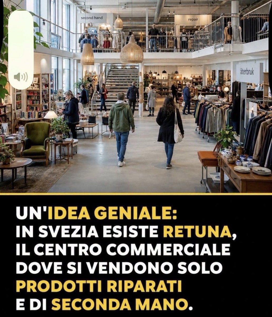 Frenkie_Woody's tweet photo. ReTuna Återbruksgalleria è considerato il primo centro commerciale al mondo dedicato interamente ai prodotti riciclati, riparati e di seconda mano.

Si trova a Eskilstuna, in Svezia, e funziona in modo diverso da un centro commerciale normale: gli oggetti che le persone non usano più vengono raccolti, selezionati, sistemati e poi rimessi in vendita nei vari negozi.

Vestiti, mobili, giocattoli, elettronica e articoli per la casa ricevono così una seconda vita, invece di finire tra i rifiuti.

Ma ReTuna non è solo un posto dove comprare usato. È anche un progetto che promuove il riciclo, la riparazione e il consumo responsabile attraverso laboratori, corsi e iniziative sulla sostenibilità.

Un’idea semplice ma potentissima: trasformare ciò che qualcuno scarta in qualcosa che qualcun altro può amare di nuovo.