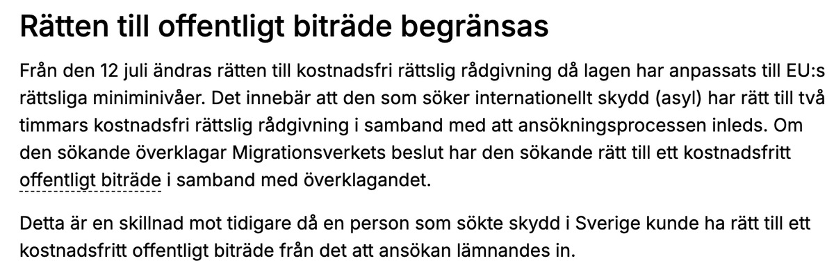 NiklasGillstrom's tweet photo. Ytterligare exempel på ett kasst journalistiskt jobb - även denna gång kopplat till migrationsfrågan. 

Det är rätten till kostnadsfri rättslig rådgivning som begränsas. Men ordet kostnadsfri lyser av någon anledning helt med sin frånvaro i Sveriges Radios inslag. 

Deras första rubrik var helt felaktig, deras rättelse är nästintill lika felaktig. Du får ha juridisk rådgivning hur länge du vill, men du får själv betala för den. Därför blir meningen "asylsökande får rätt till juridisk rådgivning inledningsvis i två timmar, eller tre timmar i särskilda fall." helt felaktig.

Till detta så inleds inslaget med: "Snart får asylsökande inte längre ha juridiskt ombud som för deras talan" och är en ren lögn.

Ett alternativt sätt att berätta vad detta handlar om så folk får hela bilden vore att ta tex Migrationsverkets förklaring, ses i bilden. Men Sveriges radio verkar verkligen anstränga sig för att undvika använda ordet kostnadsfri, varför kan vi bara gissa oss till.

För att verkligen komplettera den agendasättande journalistiken lägger de till en sista punkt om att asylsökande anser att detta inskränker mänskliga rättigheter.

Hur kan den statliga radion vara så här dålig?

https://t.co/MdGlj6R1do