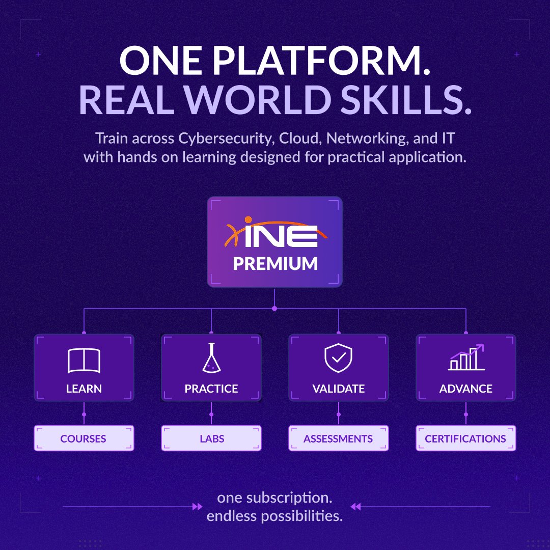 ine's tweet photo. Every technical career follows a similar path:

• Learn • Practice • Validate • Advance

INE Premium brings it together with courses, hands-on labs, assessments, and certification prep across cybersecurity, cloud, networking, and IT.

➡️ https://t.co/h9hAQ3hEy7 https://t.co/X8QinZ9Bmt