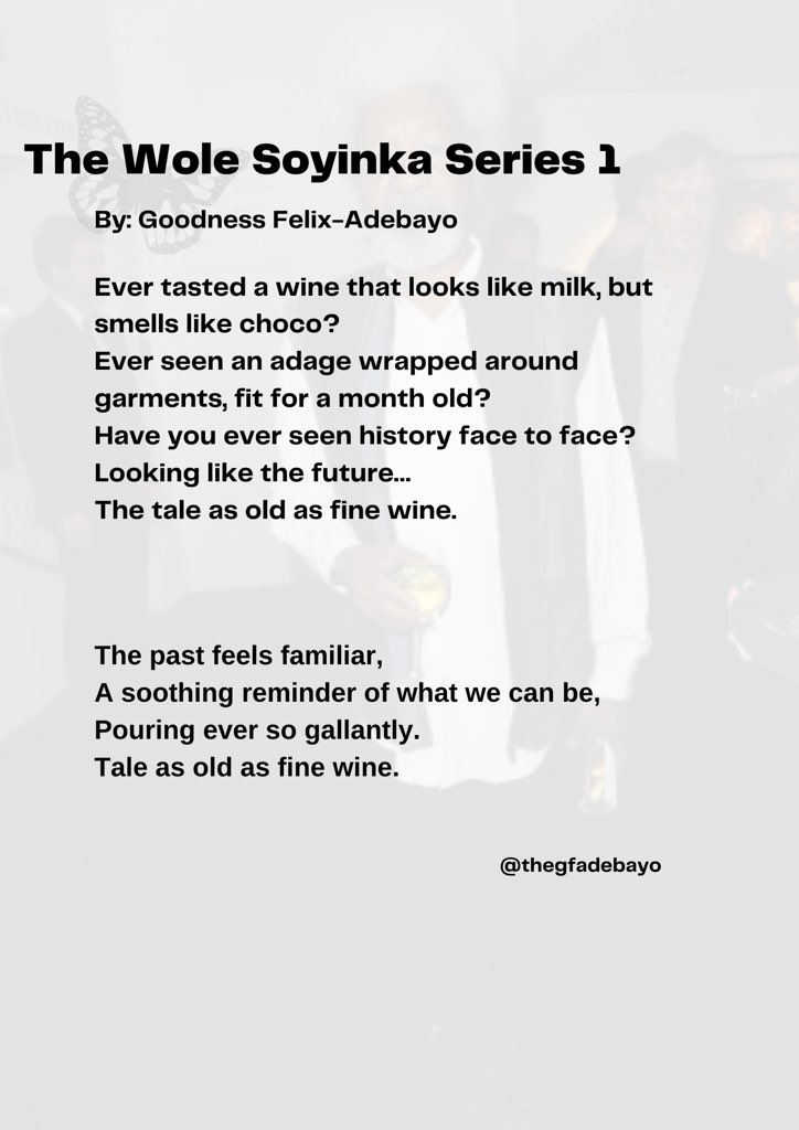 calledtowrite's tweet photo. Overly fascinated about him lately, I just had to write.
Long live the Tale As Old As Fine Wine.💥

Full poem at https://t.co/zlntiIPYvi
Poem 2 on Wednesday, followed by a book meet this Friday “Chronicles from the land of the happiest people”.💡

#happybirthdaywolesoyinka #TWS https://t.co/b1ZfBgqvnc
