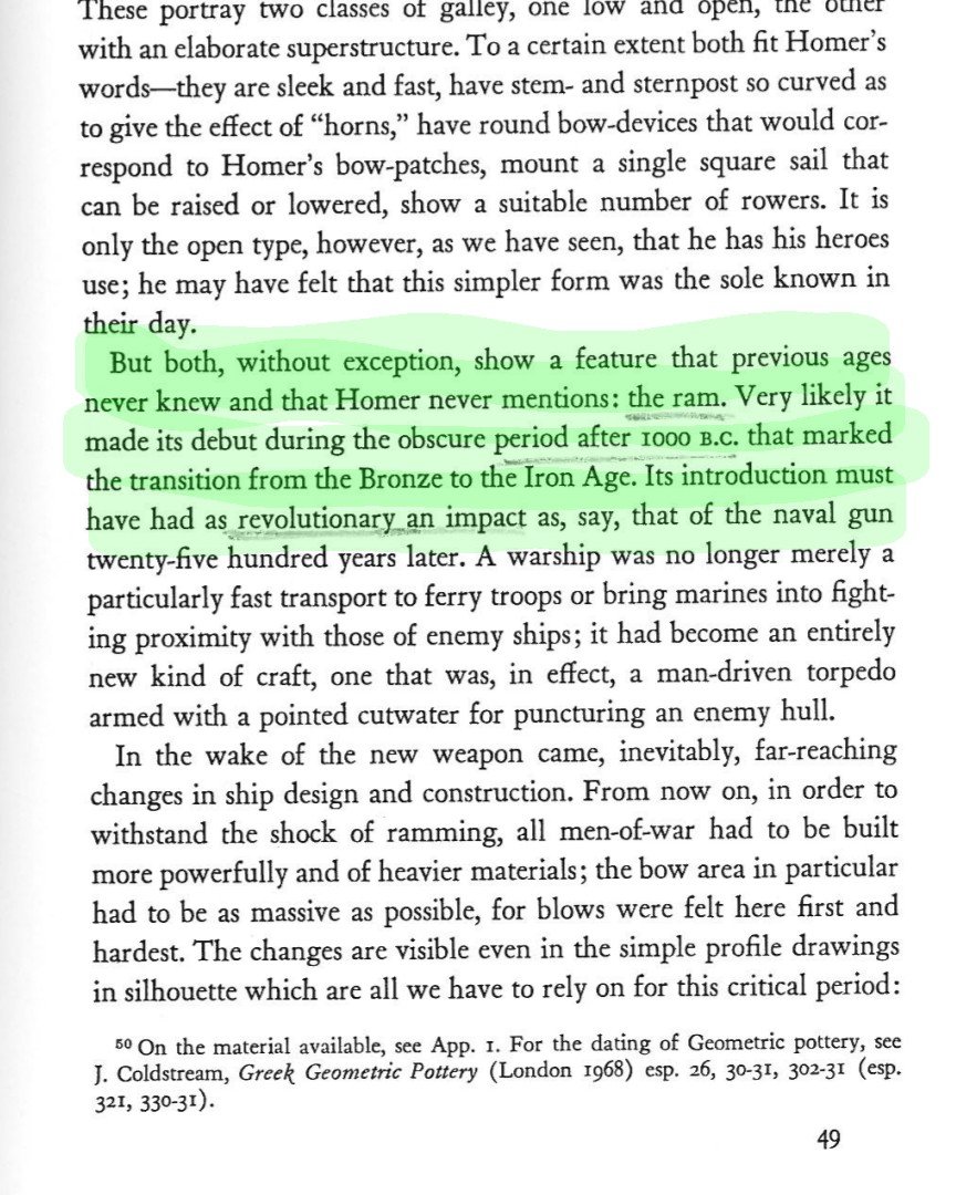 FlipWiseLegal's tweet photo. @123_vermin @AtronachSign @esjesjesj Yeah it's here in Lionel Casson, Ships and Seamanship in the Ancient World. No evidence, certainly of widespread use of rams on bronze age ships. Homer certainly makes no mention, despite being an autist about describing ships of the Mycenaean fleet. https://t.co/XA1Ev5pPpo