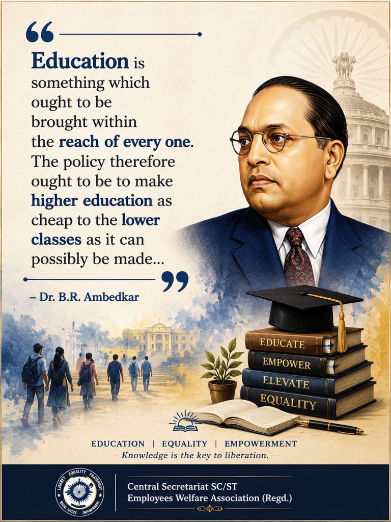 CS_SCSTWelfAsso's tweet photo. "शिक्षा एक ऐसी वस्तु है जो प्रत्येक  व्यक्ति तक पहुंचनी चाहिए। तथा शिक्षा सस्ती से सस्ती हो, ताकि निर्धन से निर्धन व्यक्ति भी शिक्षा प्राप्त कर सके।"
डॉ. बी. आर. अंबेडकर 
#शिक्षा #education #equality #justice #SocialJustice #EducationForAll https://t.co/OLpbMWBs5v