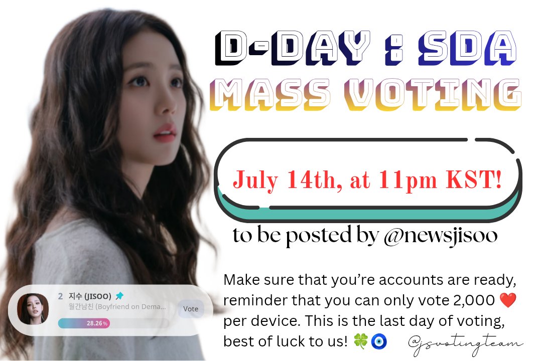 JSVOTINGTEAM's tweet photo. 📣 : 𝗗-𝗗𝗔𝗬 𝗦𝗗𝗔 𝗩𝗢𝗧𝗜𝗡𝗚

#JISOO : 105,168 vts 🔥🔥🔥

Gap to #1 : 37,344 vts = 746,880 ❤️
Gap to #3 : 7,415 vts = 148,300 ❤️

LAST 12 HOURS BEFORE THIS VOTING ENDS, BE PREPARED PHYSICALLY AND MENTALLY, MAKE SURE THAT YOU JOIN US LATER!

VOTE JISOO FOR BETTER LIFE! 🙏🧿 https://t.co/asJCVtMUGp