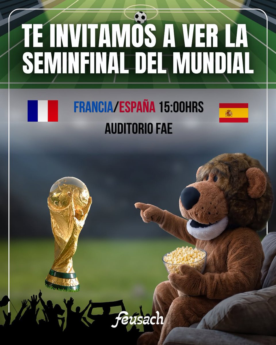 feusach's tweet photo. ⚽ SEMIFINAL DEL MUNDIAL CON FEUSACH🇫🇷🇪🇸
📅 Martes 14 de julio 
🕒 15:00 hrs
📍 Auditorio FAE
¡Nos vemos para vivir juntos una de las semifinales más esperadas!
⚠️ Información importante: Capacidad limitada para 250 personas, llega temprano para asegurar tu ingreso.
#Usach https://t.co/DEW8EYVAcn