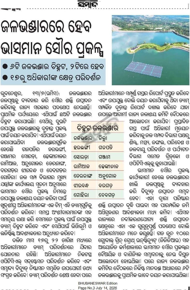 realpravat's tweet photo. Odisha Govt identifies 6 reservoirs in 6 districts namely Gajapati, Ganjam, Dhenkanal, Anugola, Baragada and Debagada for Floating solar PV project. 
#Odisha #Solarenergy #Bhubaneswar https://t.co/HbXWup5SlQ