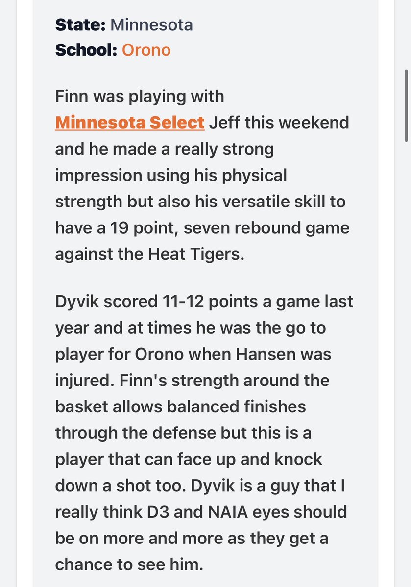 FinnDyvik's tweet photo. Thank you Ryan James for the write up from this past weekend at Prep Hoops 2k26. @RyanJamesMN @oronomensball @barry_wohler @CoachRunka @jeffjames34 https://t.co/Zm5mM35r1N