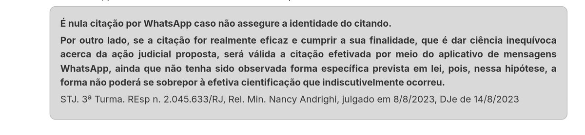 tinkerverso's tweet photo. Se a citação for realmente eficaz e cumprir a sua finalidade, que é dar ciência inequívoca acerca da ação judicial proposta, será válida a citação efetivada por meio do aplicativo WhatsApp, ainda que não tenha sido observada forma específica prevista em lei.

REsp 2.045.633/RJ https://t.co/1U8Vfold5D