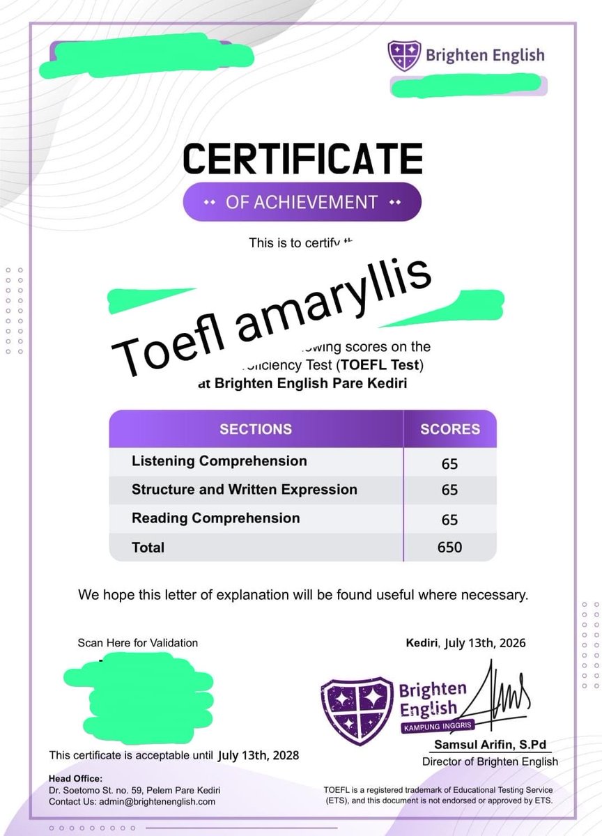 amaryliscx_'s tweet photo. Open order Joki TOEFL kampus, itp, pbt, english score, dkk 85k, bisa include sertifikat
✔️Sertifikat resmi &amp; terdaftar, no edit❌️
✔️Bisa scan barcode untuk lacak keaslian
✔️Proses 1-3 jam
✔️Payment di akhir
✔️Bisa untuk syarat sidang S1, kerja, BUMN, CPNS

Chat by wa
#jokitoefl https://t.co/OCYXoRomMg