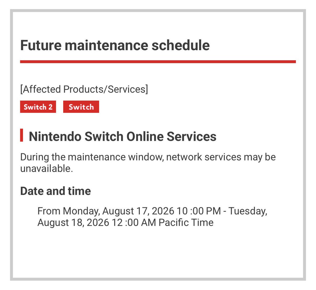 Bradley81595185's tweet photo. Nintendo Direct mid September?
Also I see we have NSO service maintenance on August 18th. Maybe NSO shadow drop announcement of new console added?
@NintyPrime
@NWeedle
@Attackdabacklog
@PaulGaleNetwork
@AndresRestart
@BeeFun__
@MikeOdysseyYT
#nintendodirect https://t.co/MCDamkY8E9