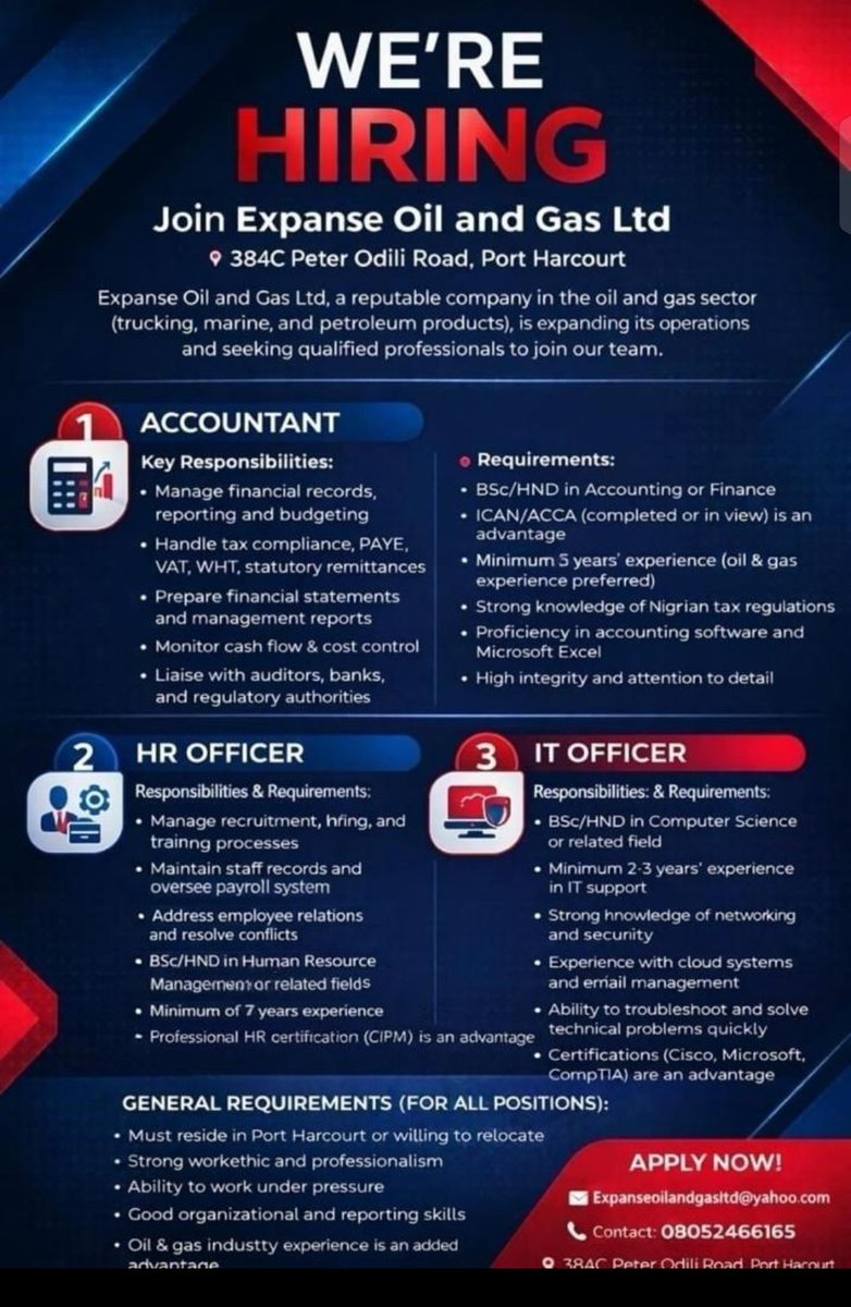 OneTopMedia's tweet photo. WE'RE HIRING

Join Expanse Oil and Gas Ltd

Expanse Oil and Gas Ltd., a reputable company in the oil and gas sector (trucking, marine, and petroleum products), is expanding its operations and seeking qualified professionals to join our team.
1. ACCOUNTANT https://t.co/G1Up7t911t