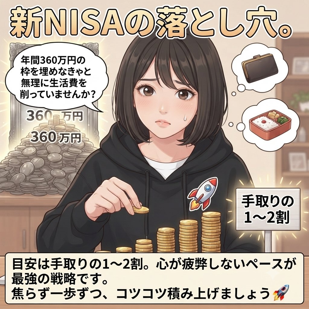 RIN_SideFIRE's tweet photo. 新NISAの落とし穴。

「年間360万円の枠を埋めなきゃ」と
無理に生活費を削っていませんか？🥲

資産形成は未来のために
今を全て犠牲にすることじゃありません。
目安は手取りの1〜2割。

知識や利回りより、
心が疲弊しないペースが最強の戦略です。
焦らず一歩ずつ、コツコツ積み上げましょう🚀 https://t.co/X31ZmEJJKe