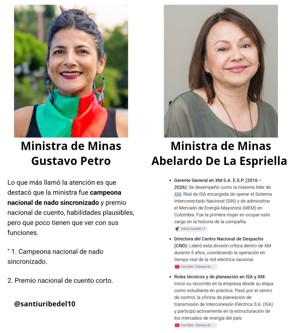 santiuribedel10's tweet photo. Ministra de Minas de Petro Vs Ministra de Minas de Abelardo: https://t.co/JbU5e8LHDT