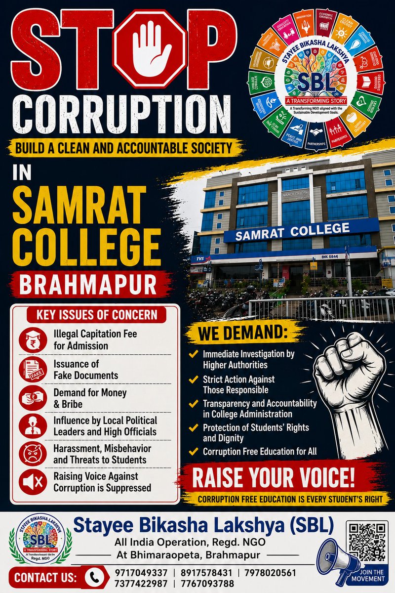 sbl_ngo's tweet photo. #SAMRATCOLLEGE Corruption #Brahmapur
@GovernorOdisha @India_NHRC @CMO_Odisha @DHE_Odisha @suryabanshibjp @SP_BERHAMPUR @OdishaVigilance @CIDOdisha @dir_ed @DGPOdisha @homeodisha @SecyChief @drpkpanigrahy Kindly take stringent action to safeguard the students for a Vibrant Odisha. https://t.co/NJWnn9Dq4b