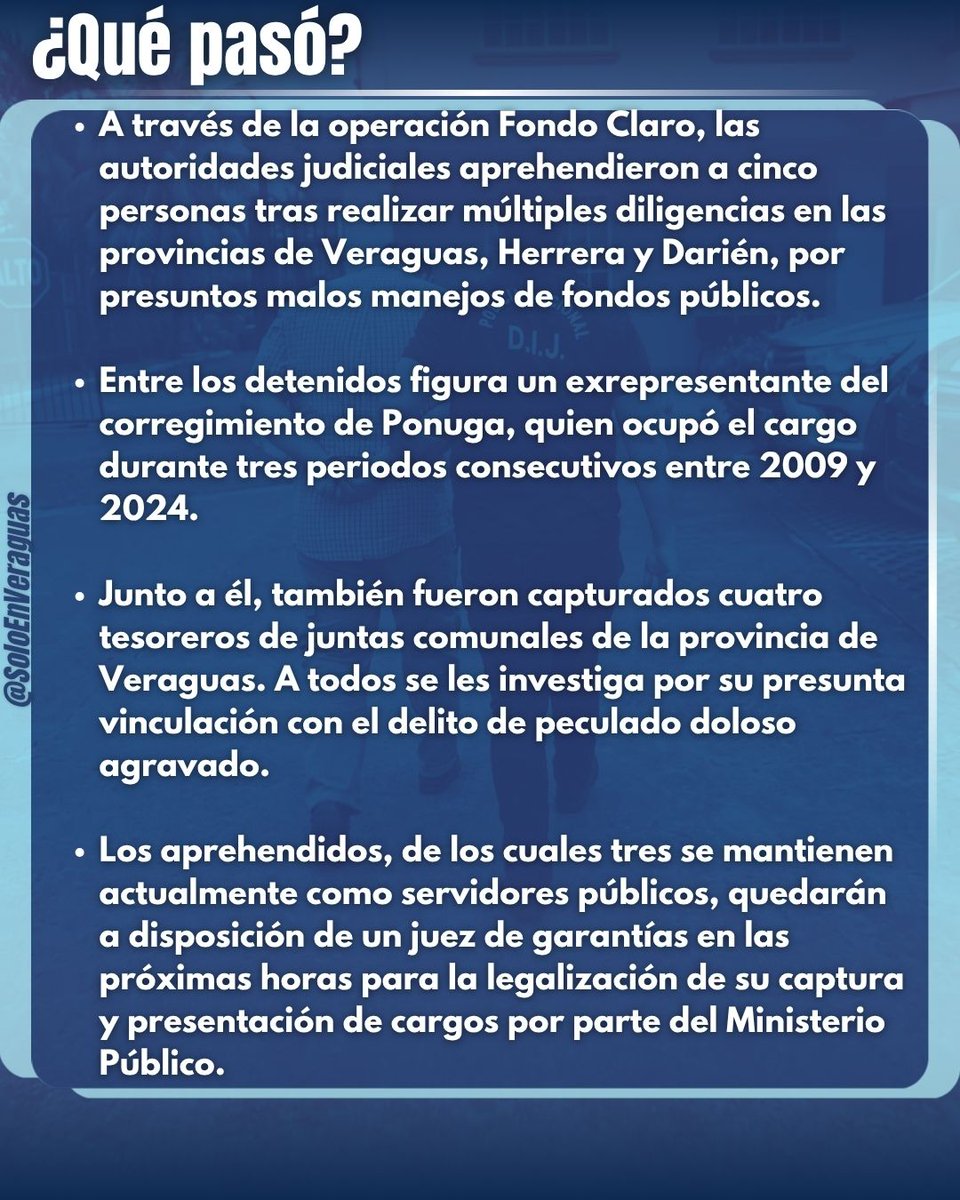 soloen44785's tweet photo. 🚨
EXREPRESENTANTE Y TESOREROS APREHENDIDOS POR PRESUNTO PECULADO MILLONARIO
Fuente: Procuraduría General de la Nación, El Siglo, TVN Noticias y Crítica.
#Veraguas #Ponuga #Descentralizacion #SoloEnVeraguas #NoticiasPanama https://t.co/hMHNnfQwMS