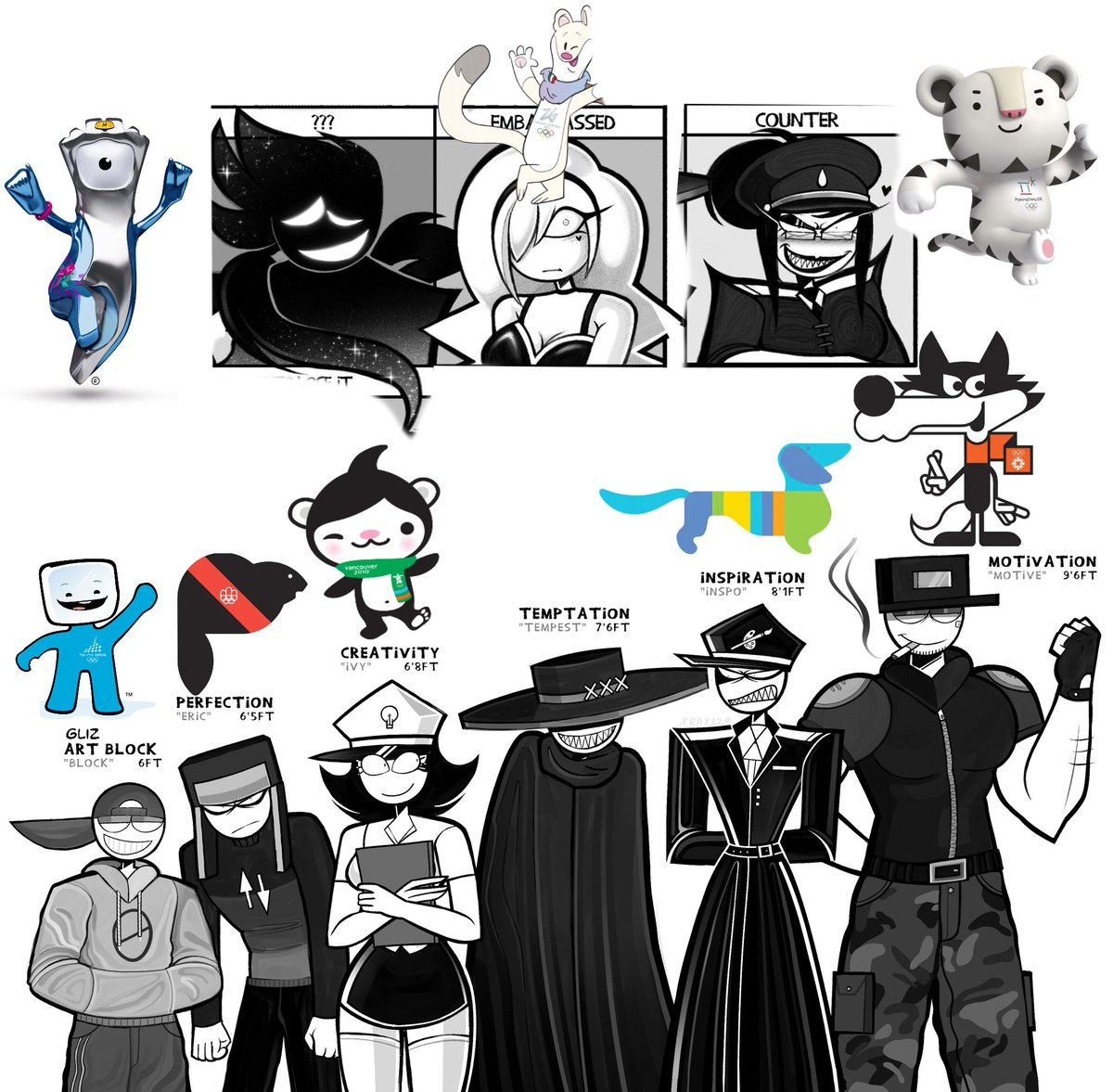 djzer_'s tweet photo. art struggles characters as olympic and world cup mascots because why the hell not ❤️‍🩹 tempest doesnt get an olympic mascot because none of them fit him #ArtStrugglesGame https://t.co/klalQzA92w