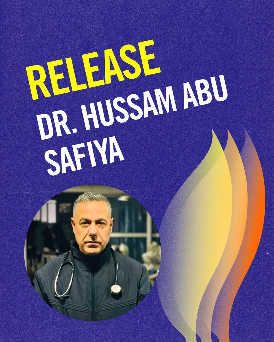 amnestyusa's tweet photo. Israeli authorities must immediately and unconditionally release Dr. Abu Safiya. Pending his release, we call on the Israeli Prison service to ensure he is fully protected from abuse, granted urgent, adequate medical care, and allowed immediate visitation by independent monitors.

Take action now: https://t.co/0FgWzrI2JR

#FreeDrHussamAbuSafiya