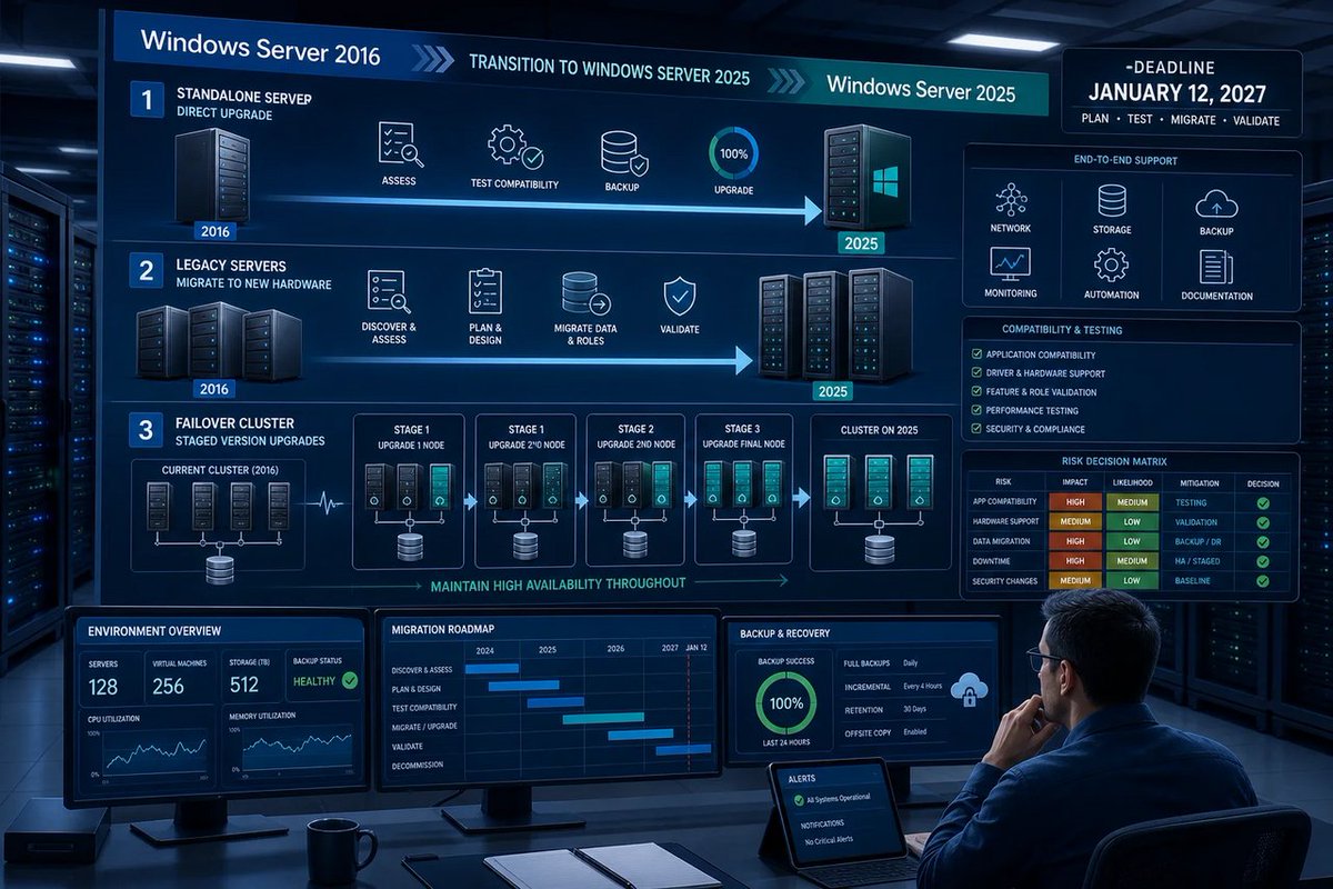 windowsforum's tweet photo. 🪟 Windows Server 2016 has until Jan. 12, 2027—but “just upgrade it” is wishful thinking. Nonclustered boxes may leap to 2025; clusters, aging hardware, and mystery apps need a migration plan.
https://t.co/LEeOiMdIz5
#WindowsServer2016 #WindowsServer2025 #ServerMigration https://t.co/RuGcDItg9p