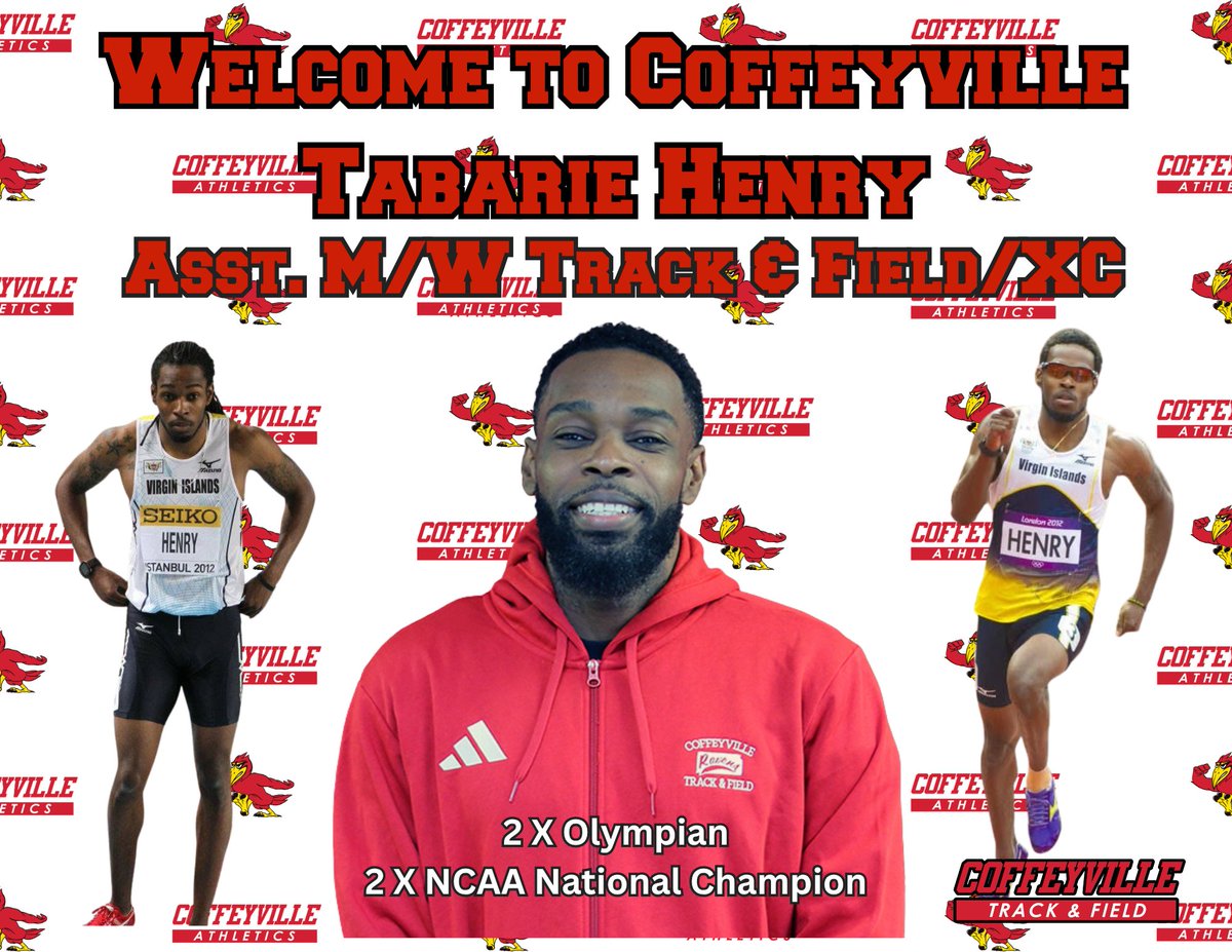 redravensports's tweet photo. We are excited to welcome Coach Tabarie Henry as our new Assistant Track and Field/Cross Country Coach! He was a 2-time national champion at Texas A&amp;M, and a 2-time Olympian in 2008 and 2012. He also competed in the Jayhawk, running at Barton. Welcome to Coffeyville Coach! https://t.co/EMAE2ABhsS