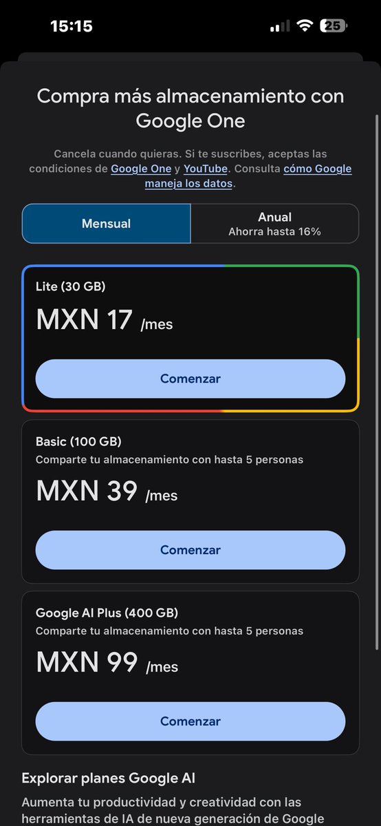 alanedfv18's tweet photo. What's going on? @Google @googlephotos @gmail  I want to renew my 200GB plan, at $49 Mexican pesos, but I only see 100 to 400 GB BONE I'M NOT INTERESTED IN GOOGLE'S AI, I just want my 200GB OF SPACE FOR $59 Mexican pesos, I'm not going to pay $99 for AI https://t.co/dP6tIop1e0