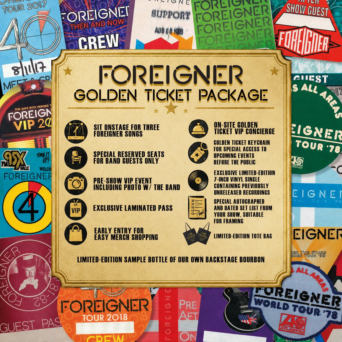 ForeignerMusic's tweet photo. Foreigner Golden Ticket Package📷
https://t.co/sR89QT4Iib
The ultimate VIP experience includes:
• Sit onstage for three Foreigner songs
• Special reserved seats for band guests only
• Pre-show Golden Ticket VIP event
• Photo with the band
• Laminated VIP pass
• Early entry to the venue for easy merch shopping
• On-site Golden Ticket VIP concierge
• Golden Ticket keychain with special access to upcoming events before the public
• Exclusive limited-edition 7-inch vinyl single containing previously unreleased recordings
• Special autographed and dated set list from your show, suitable for framing
• Limited-edition tote bag
• Limited-edition sample bottle of our own Backstage Bourbon
This is your official all-access pass to an unforgettable Foreigner experience!
📷 Limited packages available. Secure yours before they’re gone