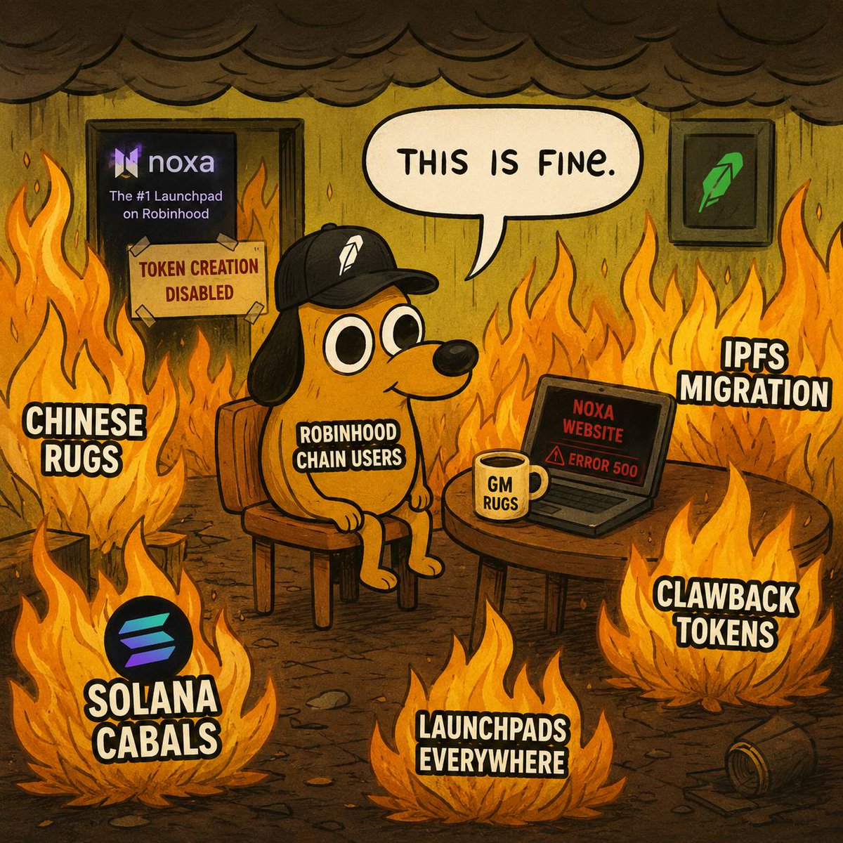 soldrugg's tweet photo. Every day, Robinhood Chain gets even crazier.

 @Noxa_Fi  the most popular launchpad on Robinhood Chain, temporarily disabled token creation after Chinese teams and Solana cabals flooded it with rug launches.

Instead of ignoring the problem, the dev decided to completely redesign the launch system — earning respect from most trenchers in the process.

But while everyone was waiting for the update, the website went down overnight.

Now the developer says the launchpad is moving to IPFS. It feels very similar to what happened with TamaSwap. Hopefully this is just a temporary solution, and they’ll eventually bring the website back after testing.

By the way, did anyone actually buy their token on Debank Chain? 🤢

Just in case, keep an eye on the Treasury wallet — if the dev starts unloading his CashCat bags, you’ll want to know first.

What’s happening on Robinhood Chain right now?

• dozens of copy-paste launchpads;
• scanners filled with vampire tokens using built-in clawback mechanics;
• Chinese devs deploying Uniswap V4 hooks just to rug them;
• Solana traders bundling launchpad shitcoins;
• Indian builders launching their own Friend tech clone;
• Cypher seemingly gave up on the “return to mainnet” narrative and deployed a DEX on Robinhood (or someone simply forked it).

At this point, every crypto ecosystem seems to have found its way onto Robinhood Chain.

And the funniest part? Even the OpenSea team noticed how much tryFomo raised and started shilling Robinhood and its tokens on Twitter.