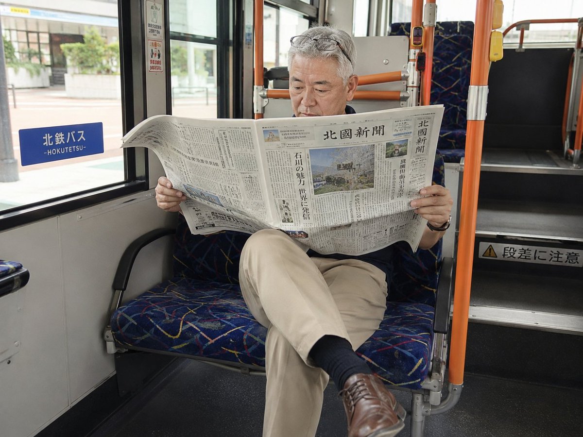 Kouichi07290's tweet photo. 朝の混雑したバスの車内で、立ってる人がいるのにこんな感じで新聞を広げて乗ってる人がいます。どんな心境なんだろ。自分はこの人を新聞おじさんと呼んでます。いつも、隣に来るな来るなと思ってます😅
ちなみに画像はイメージでAIで作成しました😅 https://t.co/X7NbQhQbW8