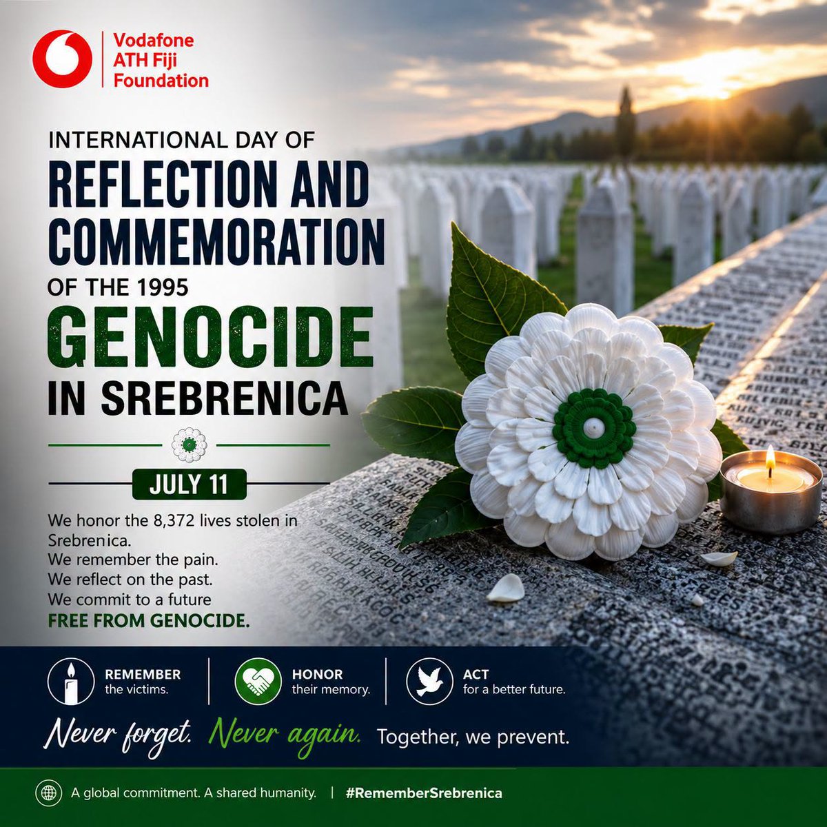 Fiji_ATH's tweet photo. 🕊️ On 11 July 2026, we remember the 8,372 Bosniak men and boys lost in the 1995 Srebrenica Genocide.

We stand for truth, justice &amp; human dignity. From Fiji to the world — Never Forget. Never Again. 💙

#RememberSrebrenica #NeverAgain #TogetherForPeace https://t.co/7a2kGETRVp