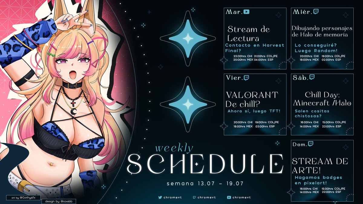 ChromeVT's tweet photo. ℍ𝕠𝕣𝕒𝕣𝕚𝕠 𝕊𝕖𝕞𝕒𝕟𝕒𝕝
El mes avanza, Sparkcito! Espero te gusten las actividades semanales :D Recuerda que tenemos concurso de dibujo activo!
🅃🄰🄶🅂:
-Fanart: #SparksArt🔞#Pottontail
-Memes y clips: #ChroMMS #ChromeClips
-Fanname: Sparkcitos
-Oshimark:⭐️🌙 https://t.co/RSShlPb2me