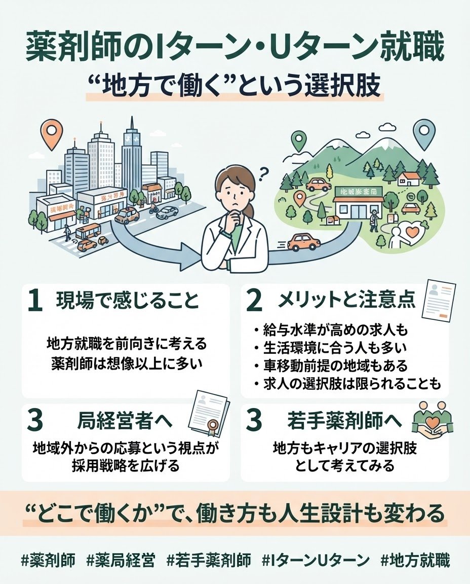 V__Pharma's tweet photo. 最近、「Iターン」「Uターン」という言葉を、薬剤師の求人サイトでよく見かけるようになりました。
正直、少し前まではあまり意識していなかった選択肢です。
▶️ 調剤現場で感じること
都市部だけで採用活動をしていると、応募が集まりにくい時期がどうしてもあります。一方で、地方への移住を前向きに考えている薬剤師は、思っている以上に多いようです。
生まれ育った土地に戻りたい、自然の中でゆとりを持って働きたい、そんな理由で地方を選ぶ人は珍しくありません。
▶️ IターンUターンという選択肢の実態
地方での勤務は、都市部と比べて薬剤師の需要が高い分、給与水準が高めに設定されている求人も多いようです。
一方で、公共交通機関が発達していないため車移動が前提になったり、専門性を高めたいと考える人にとっては求人の選択肢が限られたりする面もあります。
メリットとデメリット、どちらも知った上で選ぶことが大切なのだと感じます。
▶️ 局経営者の皆様へ
県内だけで採用活動を続けていると、母集団そのものが限られてしまう場面があります。
IターンUターンという働き方が選択肢として広がっている今、地域外からの応募という視点を持っておくことは、採用戦略の幅を広げることにつながるかもしれません。
▶️ 若手薬剤師の皆様へ
「今の職場でずっと働く」以外にも、キャリアの選び方はいろいろあります。
生活のスタイルや将来設計に合わせて、地方という選択肢も含めて考えてみると、見える景色が変わるかもしれません🙏
#薬剤師 #薬局経営 #若手薬剤師 #IターンUターン #地方就職