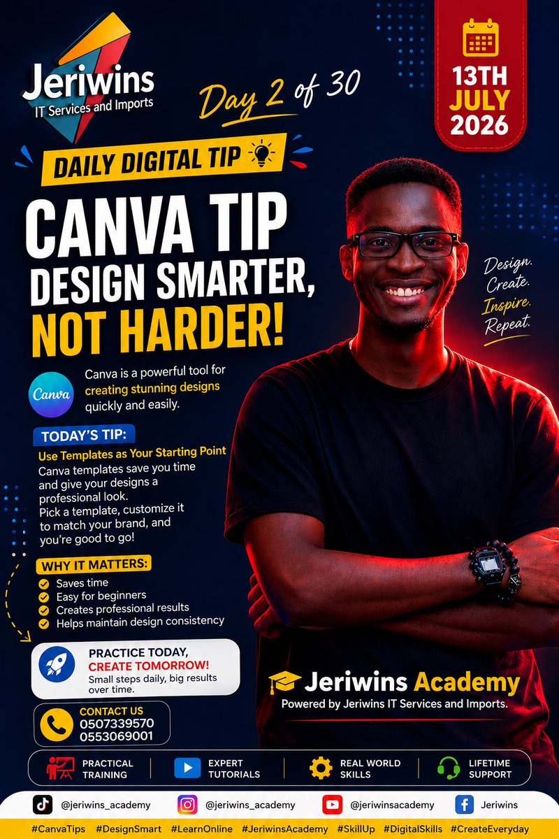bm_zion's tweet photo. Day 2 – 13th July, 2026

Topic: Canva Tip – Design Smarter, Not Harder

Social Media Caption

🎨 CANVA TIP OF THE DAY

Many people think creating professional designs requires years of experience. The truth is, with Canva, anyone can create stunning designs in minutes. https://t.co/fBBu3K1knp