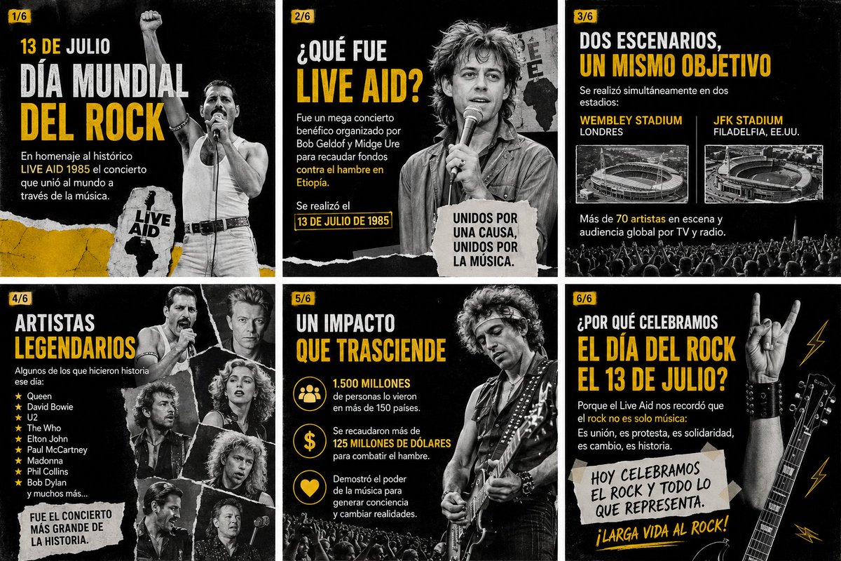 lacuevacultural's tweet photo. Hoy se celebra el Día Mundial del Rock en homenaje al histórico Live Aid del 13 de julio de 1985, el concierto solidario que unió al mundo para combatir la hambruna en Etiopía. La inolvidable actuación de Queen quedó para siempre en la historia. 

#DíaMundialDelRock #LiveAid https://t.co/mFxHM6cKih