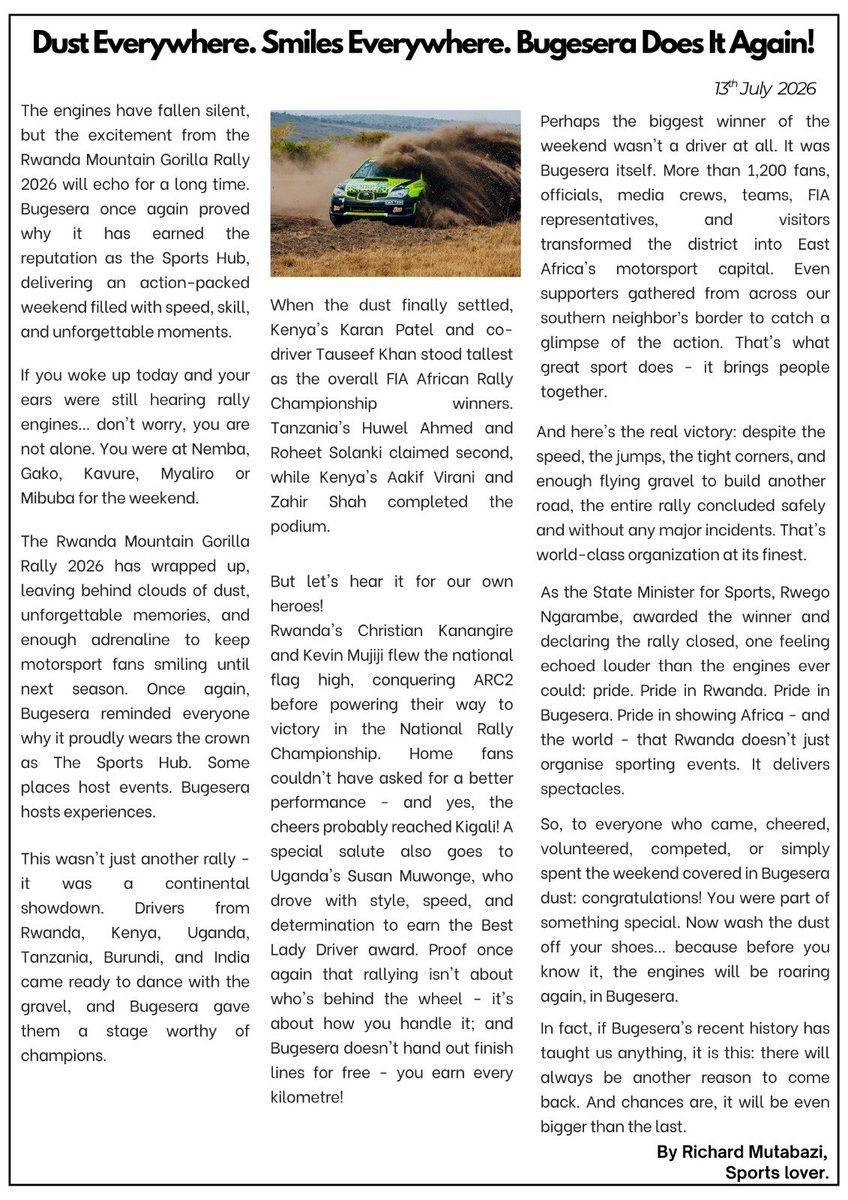 MutabaziRich's tweet photo. The RMGR2026 wasn't just another rally - it was a continental showdown. Drivers from Rwanda, Kenya, Uganda, Tanzania, Burundi, and India came ready to dance with the gravel, and Bugesera gave them a stage worthy of champions. 
#TheSportsHub
#NihoBibera #Abakeramurimo https://t.co/KIf793XIgS